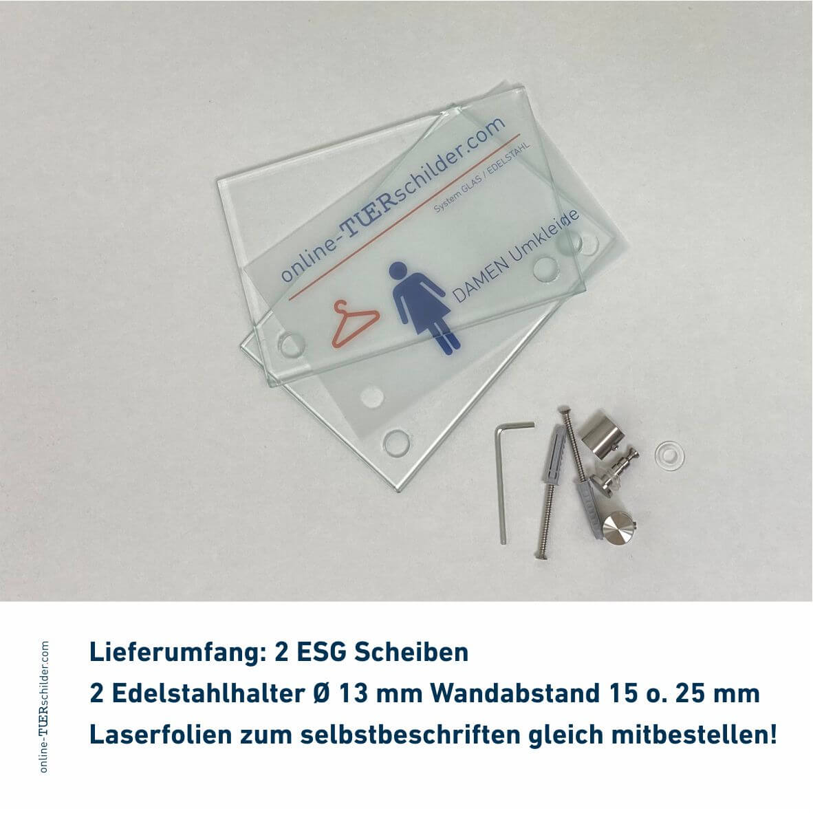Türschild Glas-Edelstahl in 22 Größen - Türschilder aus 2 x 4 mm ESG-Glas mit 2 Edelstahlhaltern