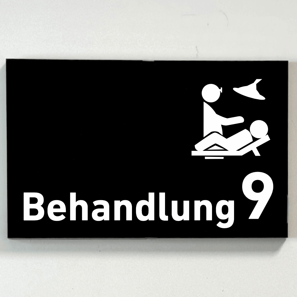 Behandlung 1-9 mit Piktogramm Praxisschild Acrylglas-Folienaufkleber in 130 x 200 mm zum Kleben