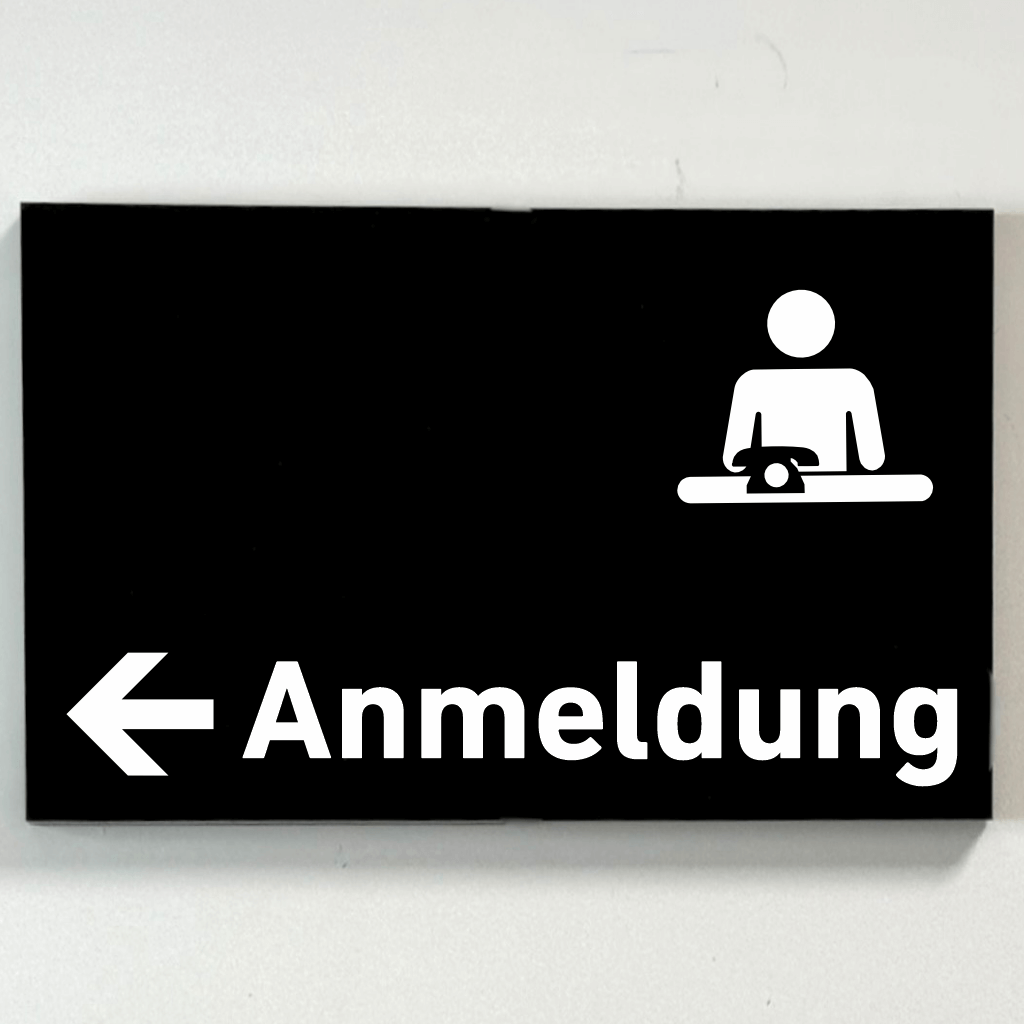 Schilder aus Acrylglas / Folienaufkleber Anmeldung Pfeil links in 130 x 200 mm zum Kleben