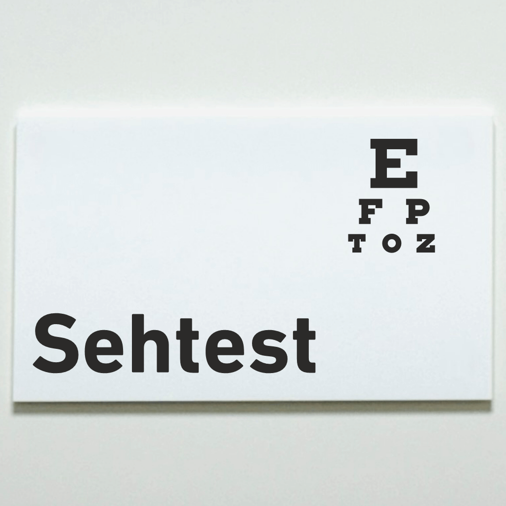 Schild für Ihre Praxis aus Acryl oder Folie Sehtest in 130 x 200 mm zum Kleben