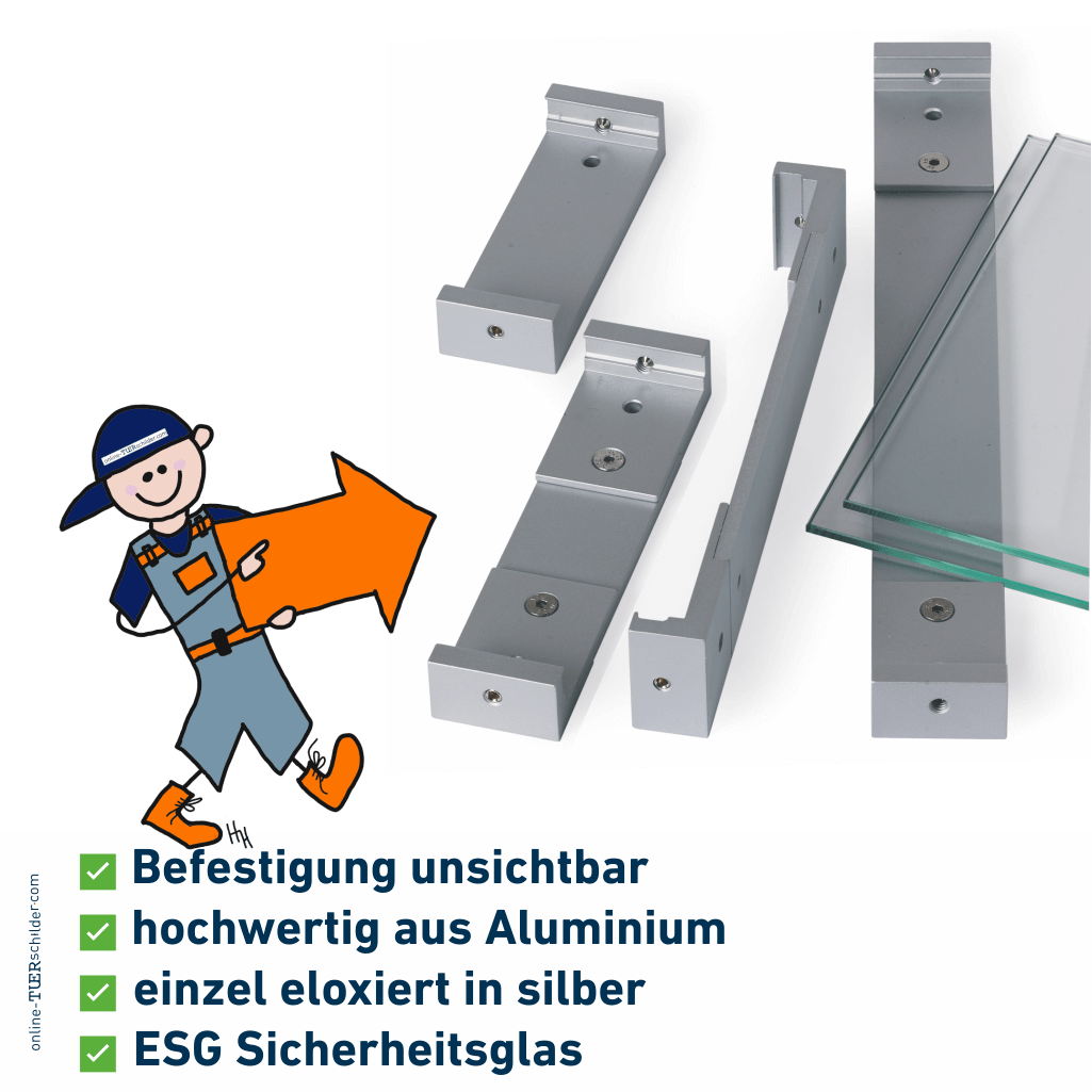 Türschilder in 9 Größen mit ESG-Scheiben, Aluminium Klemmhalter - Türschild Vollerwiek