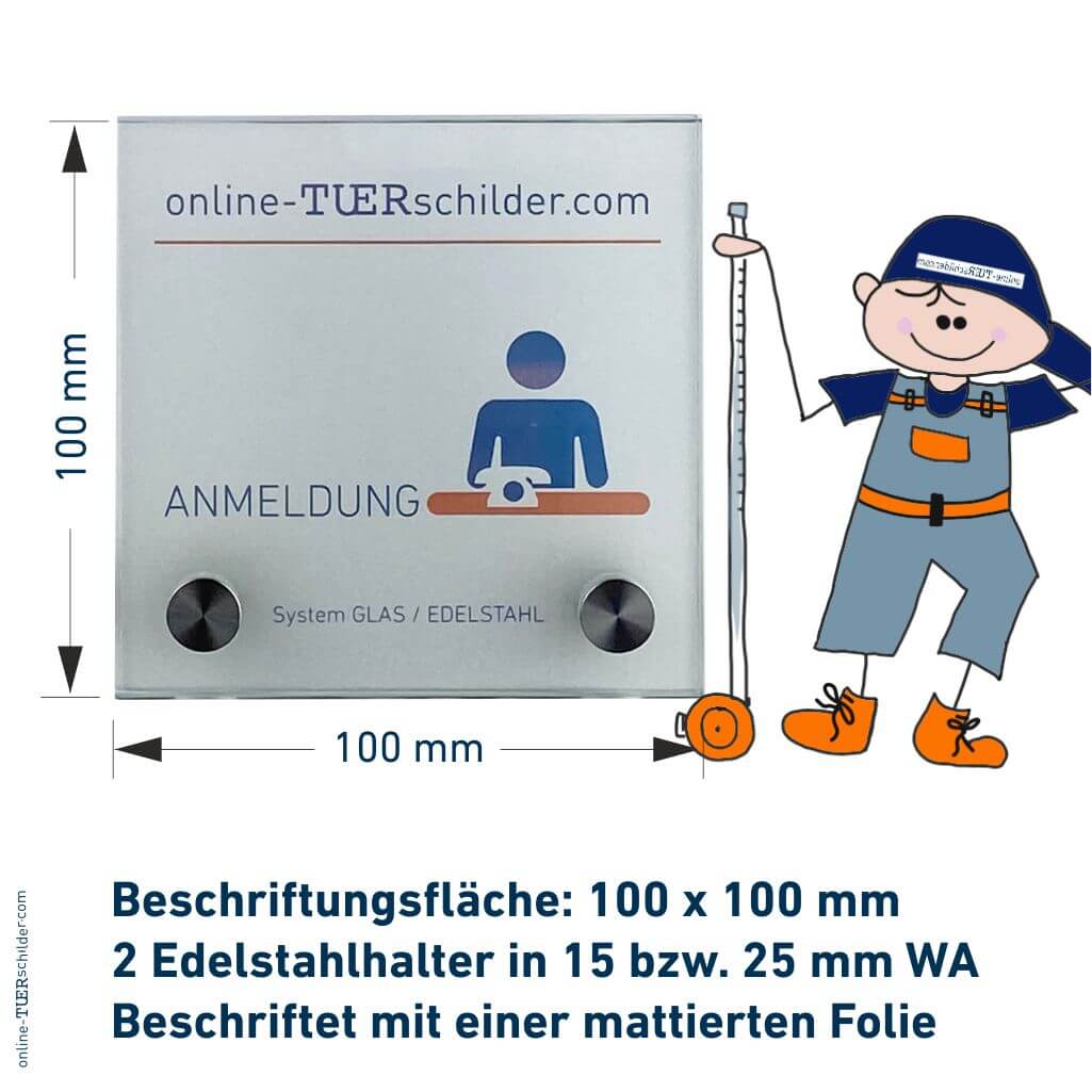 Türschild Glas-Edelstahl in 22 Größen - Türschilder aus 2 x 4 mm ESG-Glas mit 2 Edelstahlhaltern