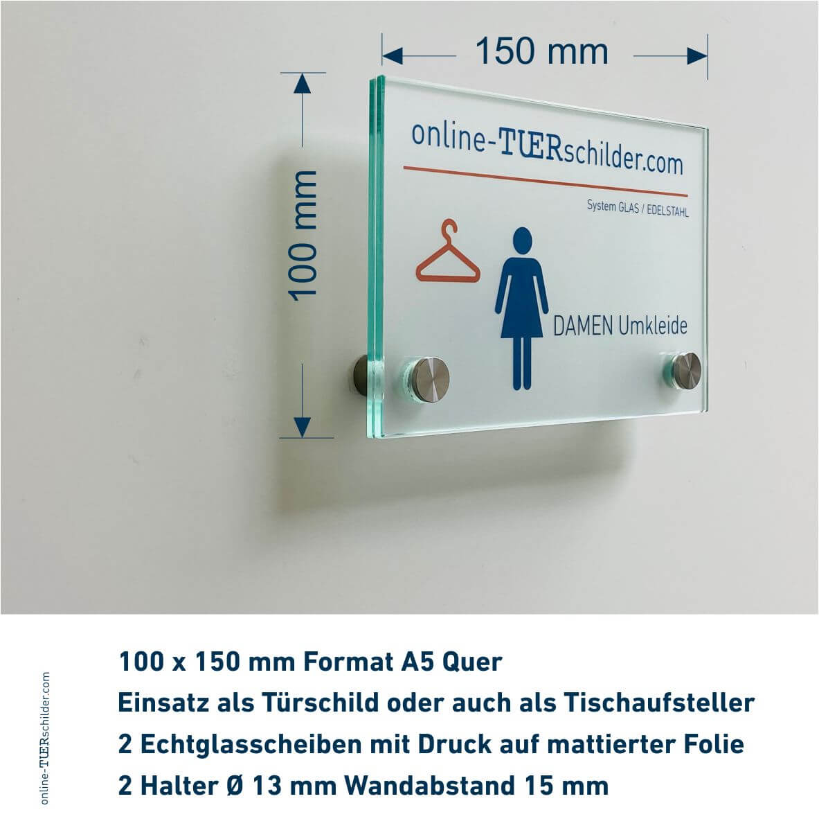Türschild Glas-Edelstahl in 22 Größen - Türschilder aus 2 x 4 mm ESG-Glas mit 2 Edelstahlhaltern