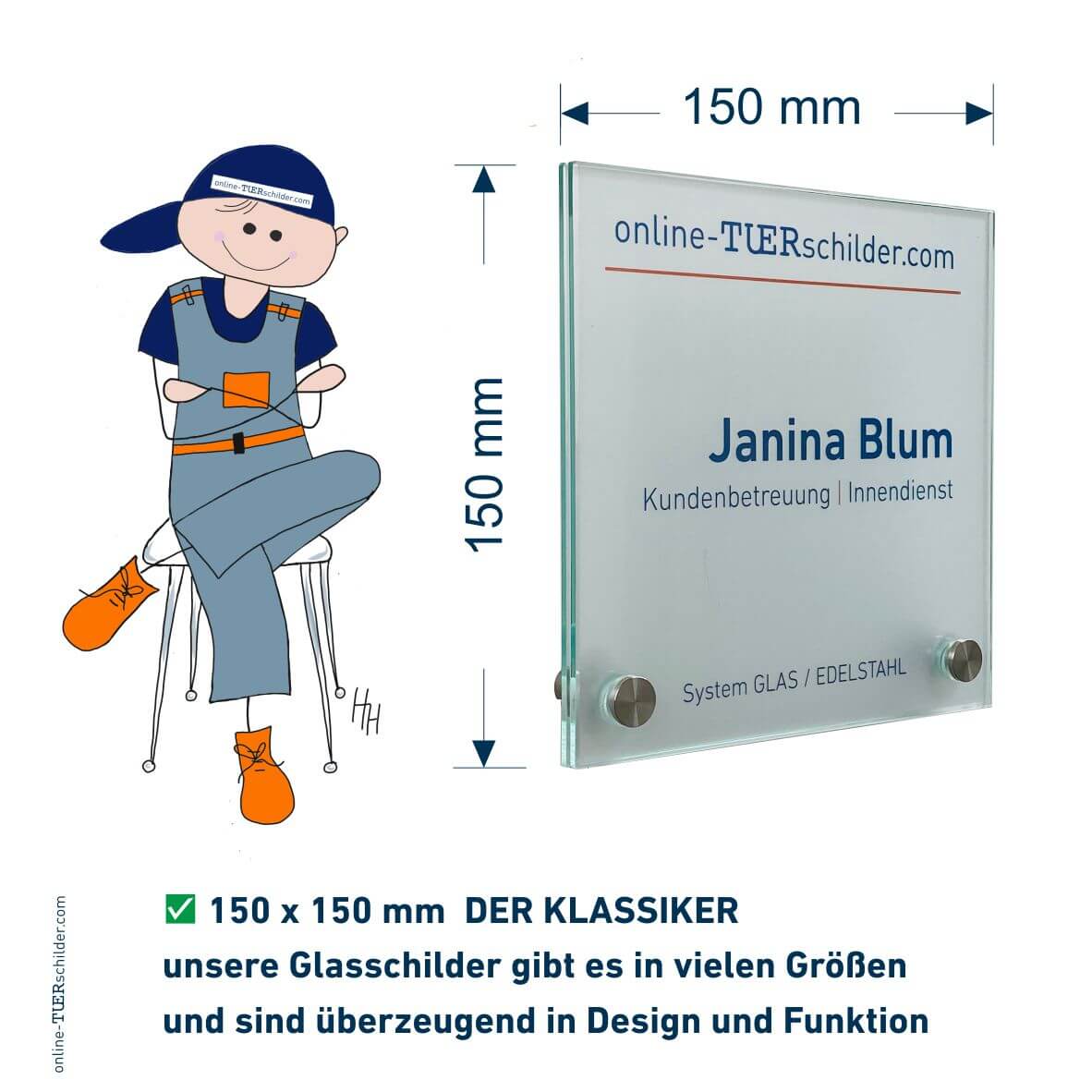 Türschild Glas-Edelstahl in 22 Größen - Türschilder aus 2 x 4 mm ESG-Glas mit 2 Edelstahlhaltern