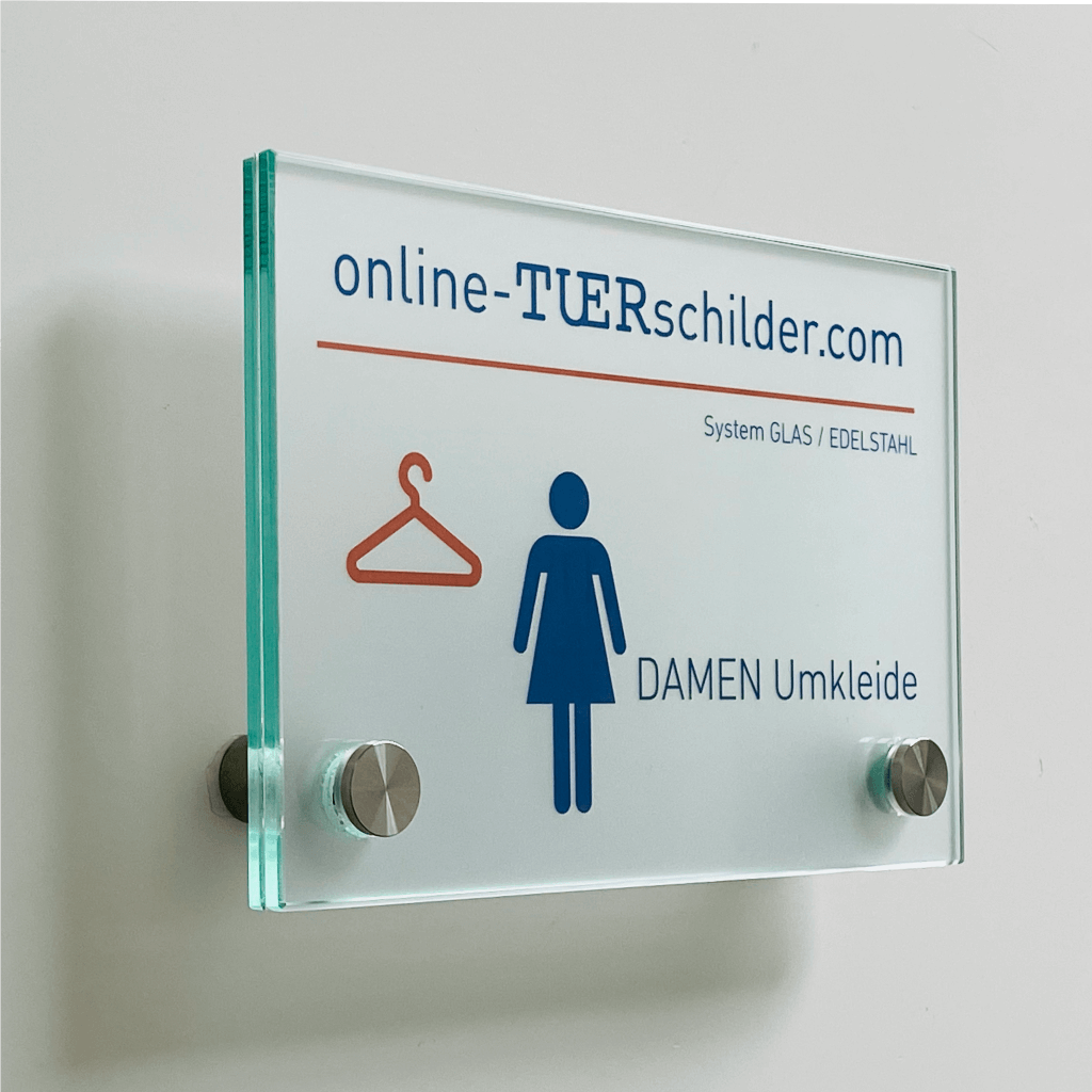 Türschild Glas-Edelstahl in 22 Größen - Türschilder aus 2 x 4 mm ESG-Glas mit 2 Edelstahlhaltern