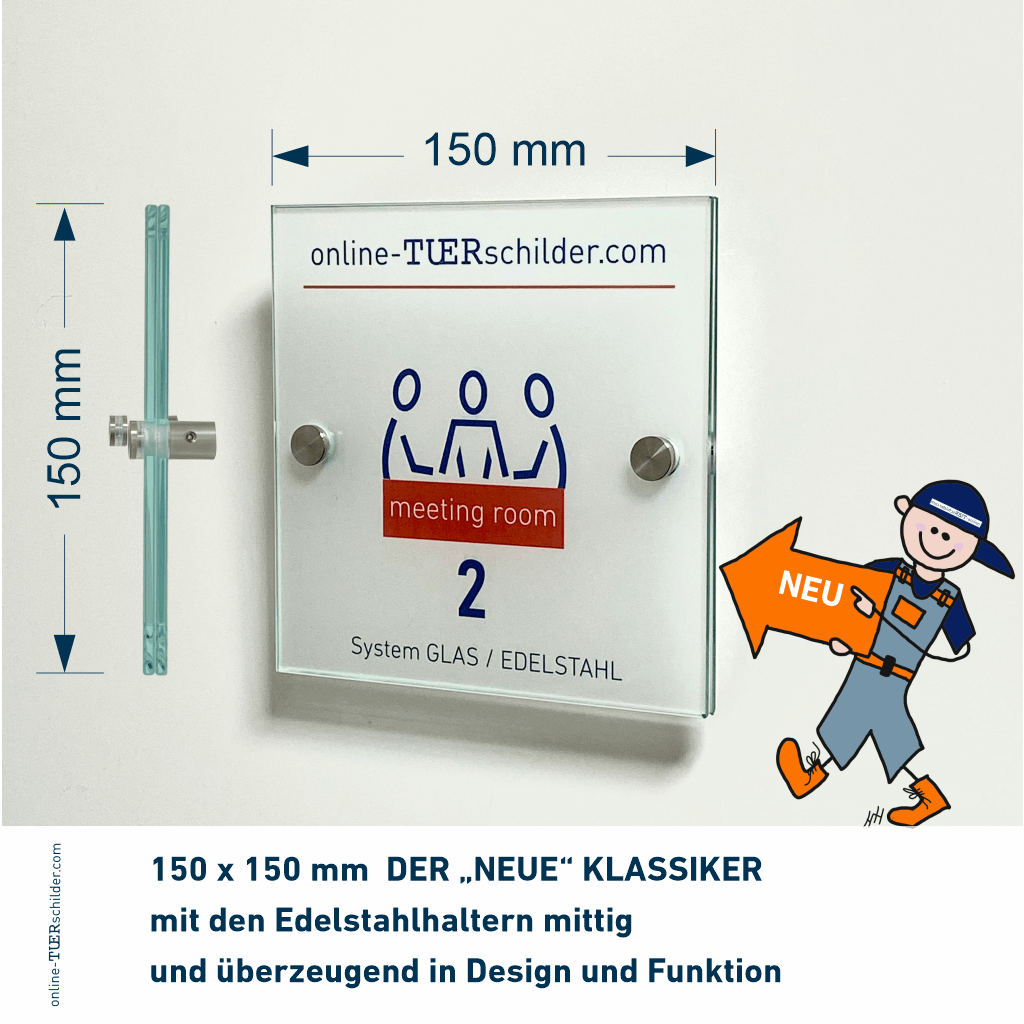 Türschild Glas-Edelstahl in 22 Größen - Türschilder aus 2 x 4 mm ESG-Glas mit 2 Edelstahlhaltern
