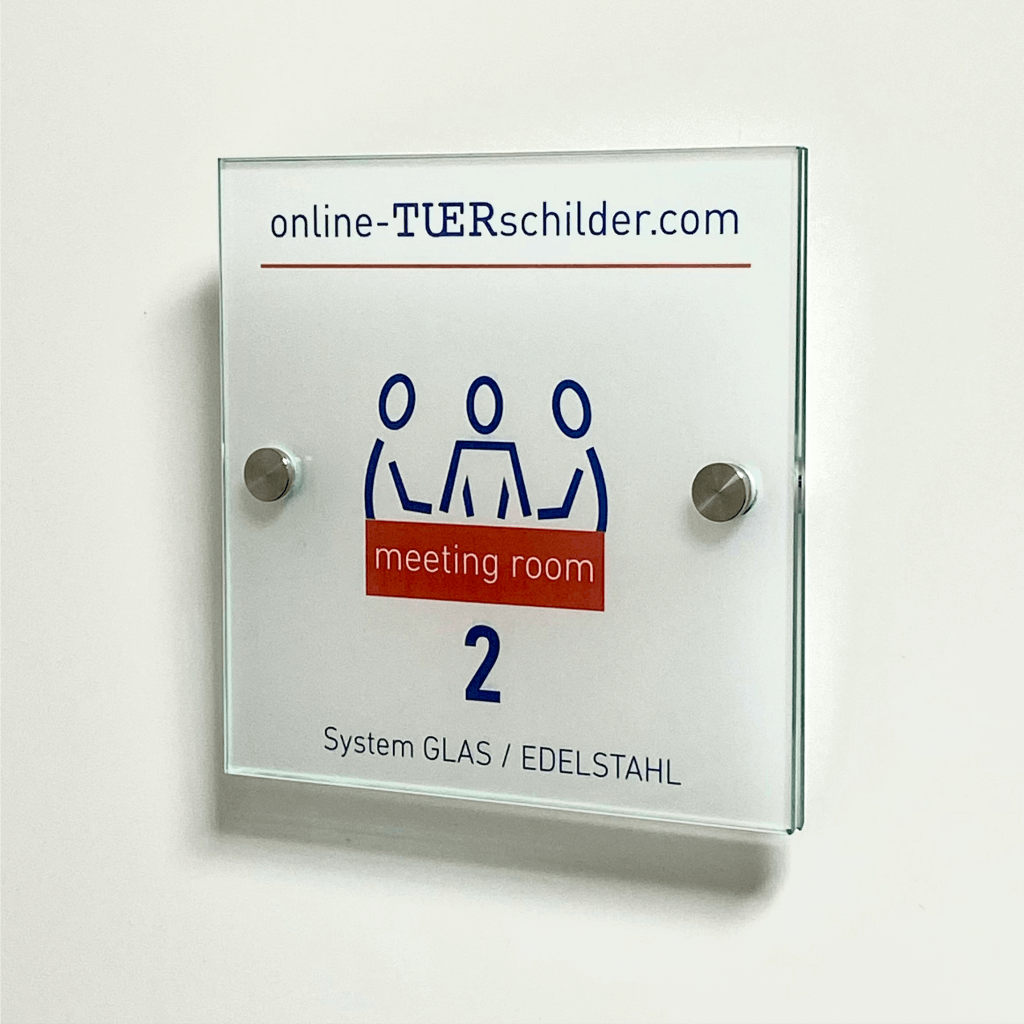 Türschild Glas-Edelstahl in 22 Größen - Türschilder aus 2 x 4 mm ESG-Glas mit 2 Edelstahlhaltern