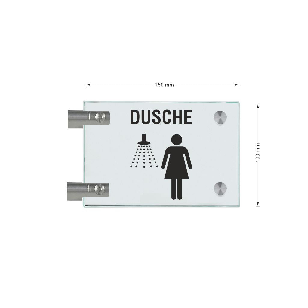 Fahnenschilder Piktogramm Dusche Damen und Text, 2 Scheiben mit 1