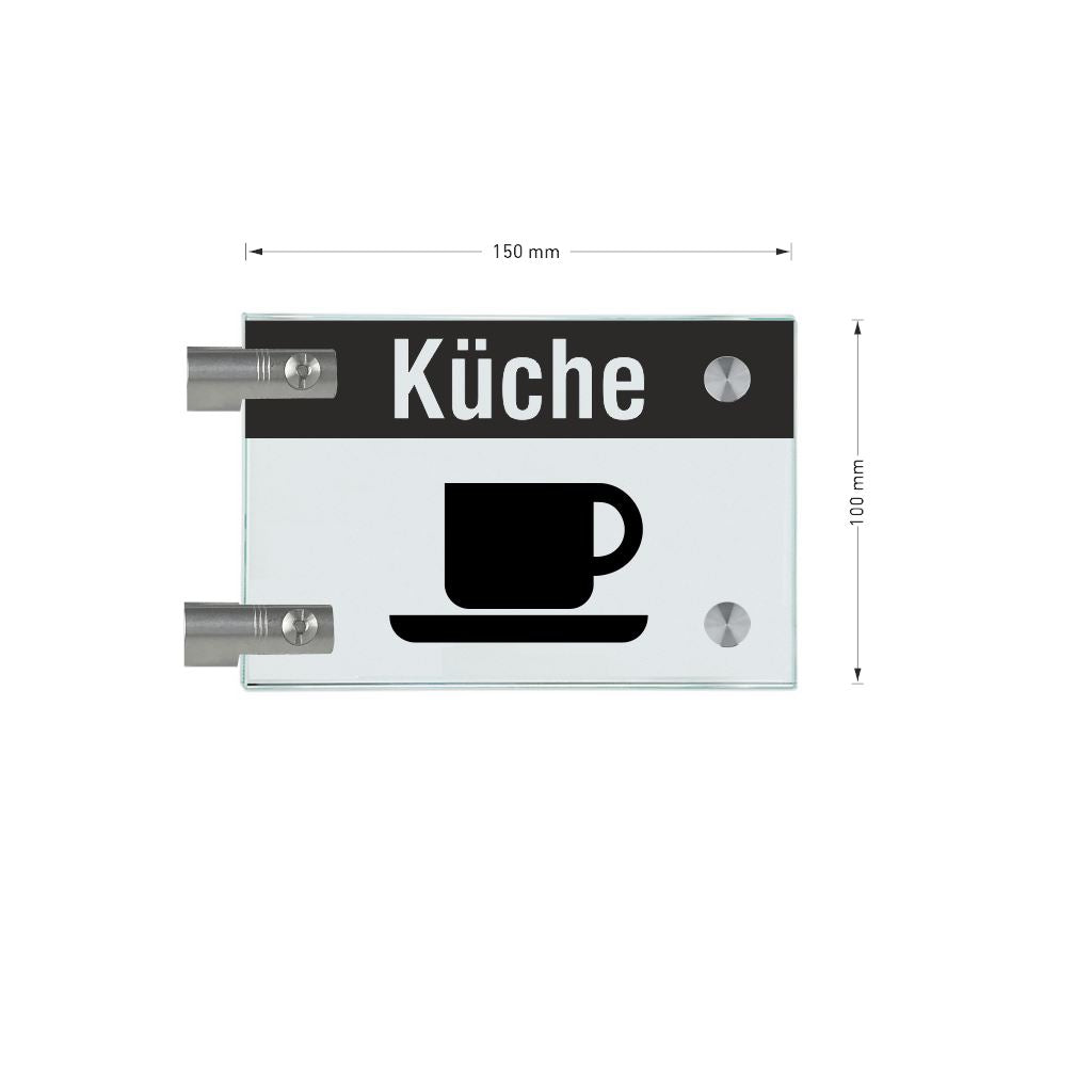 Fahnenschild Küche mit Balken, 2 Scheiben mit Glasverbinder 2
