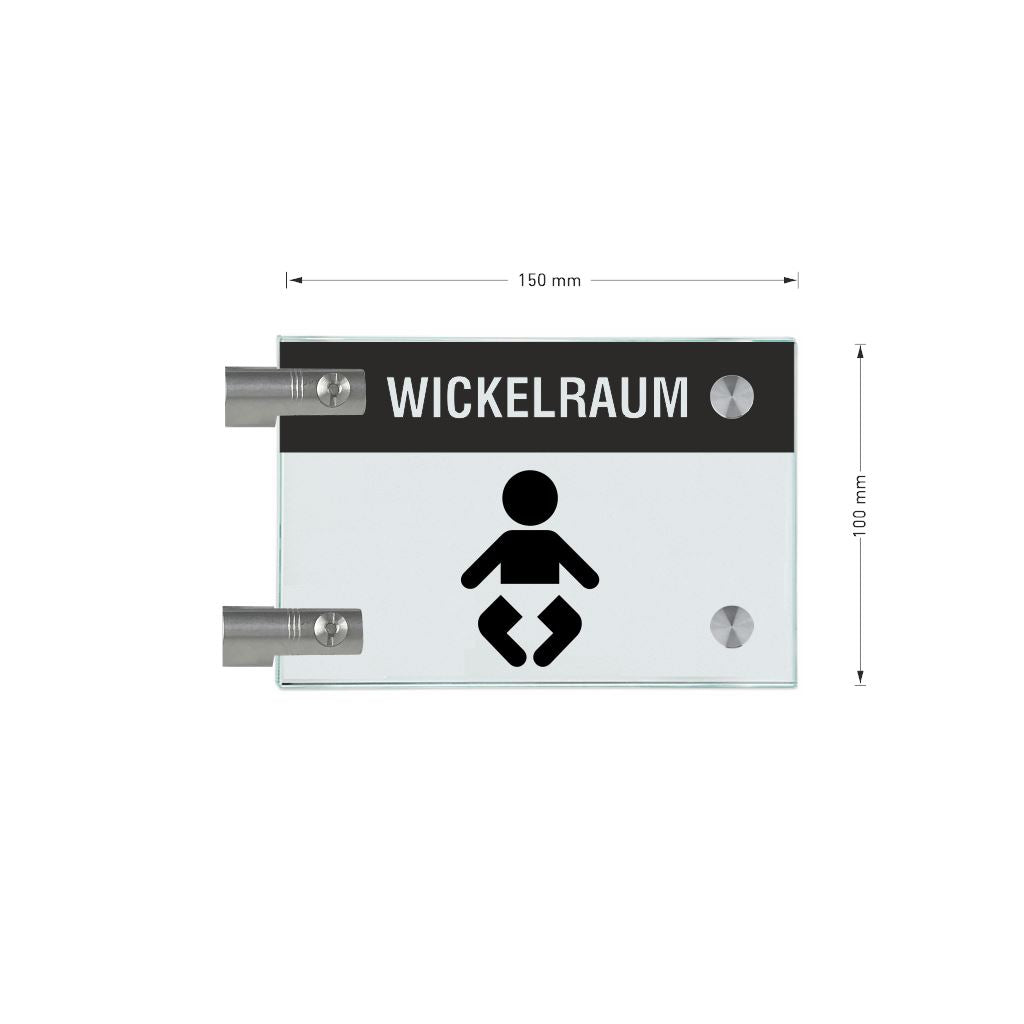 Fahnenschilder Wickelraum mit Balken, 2 Scheiben mit Glasverbinder 1
