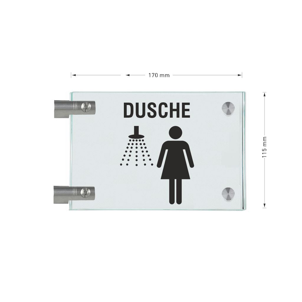 Fahnenschilder Piktogramm Dusche Damen und Text, 2 Scheiben mit 2