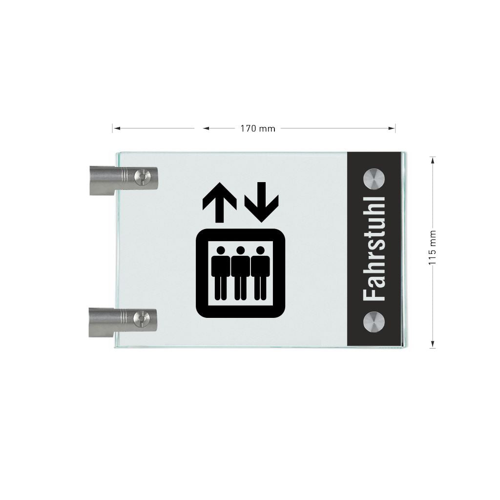 Fahnenschild Fahrstuhl mit Balken, 2 Scheiben mit Glasverbinder 5