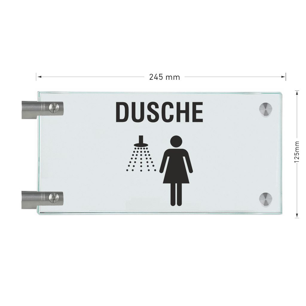 Fahnenschilder Piktogramm Dusche Damen und Text, 2 Scheiben mit 3