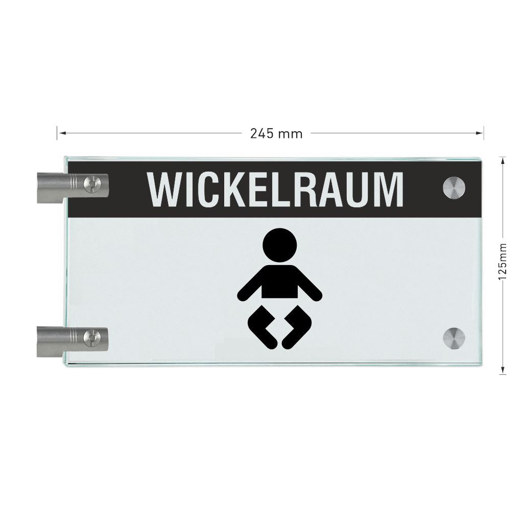 Fahnenschilder Wickelraum mit Balken, 2 Scheiben mit Glasverbinder 3