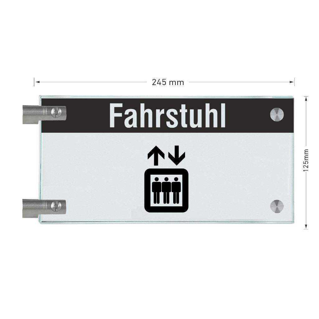 Fahnenschild Fahrstuhl mit Balken, 2 Scheiben mit Glasverbinder 6