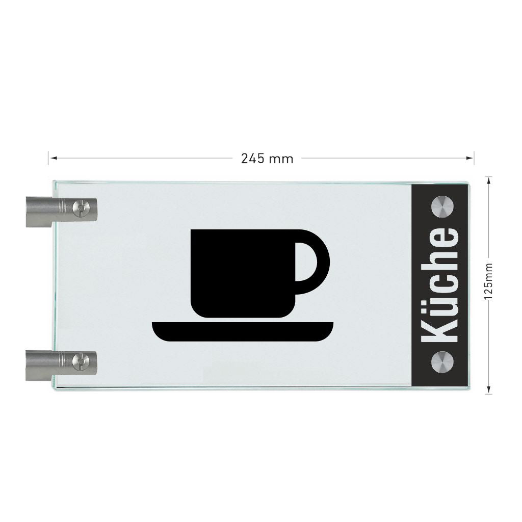 Fahnenschild Küche mit Balken, 2 Scheiben mit Glasverbinder 3
