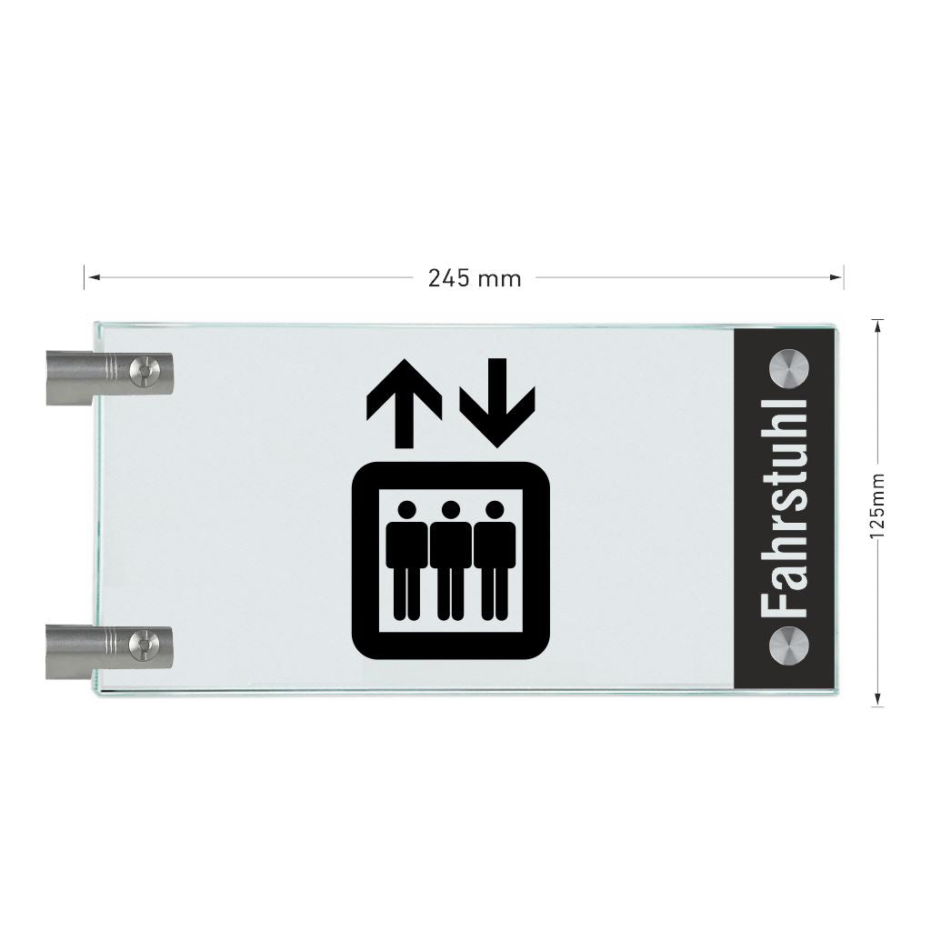 Fahnenschild Fahrstuhl mit Balken, 2 Scheiben mit Glasverbinder 7