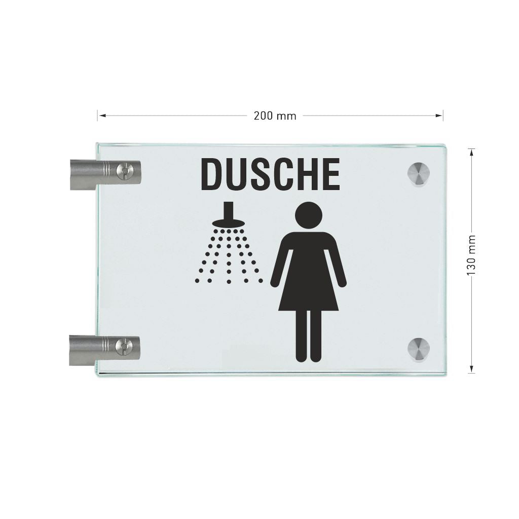 Fahnenschilder Piktogramm Dusche Damen und Text, 2 Scheiben mit 4