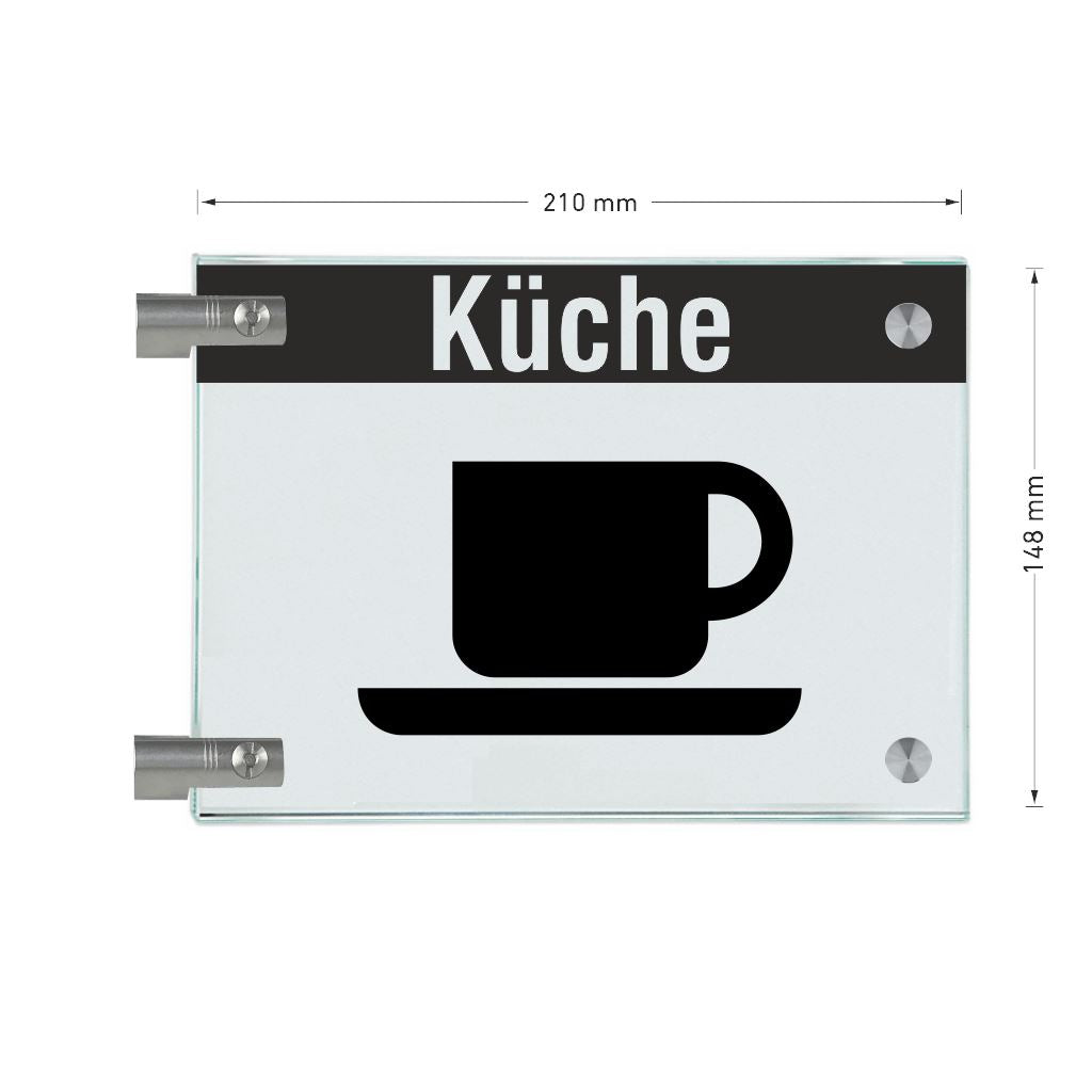 Fahnenschild Küche mit Balken, 2 Scheiben mit Glasverbinder 7