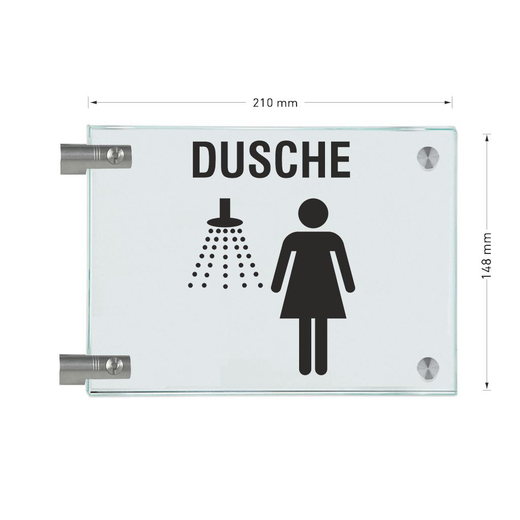 Fahnenschilder Piktogramm Dusche Damen und Text, 2 Scheiben mit 5