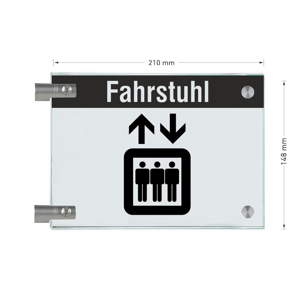 Fahnenschild Fahrstuhl mit Balken, 2 Scheiben mit Glasverbinder 10