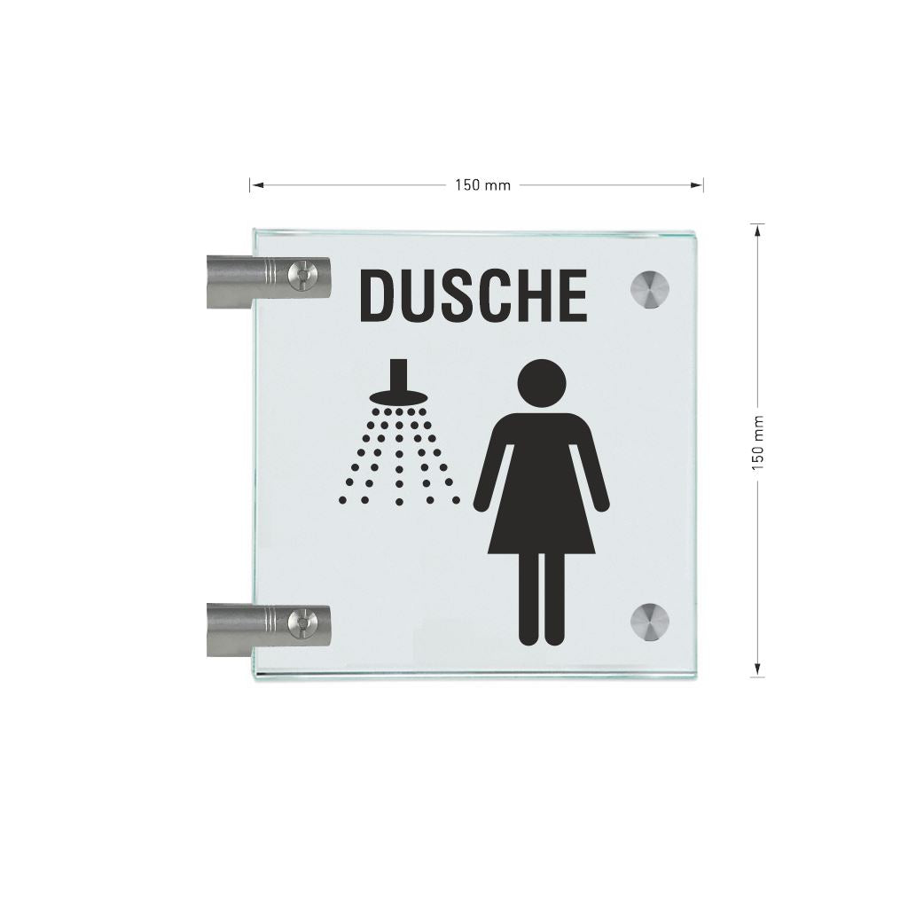 Fahnenschilder Piktogramm Dusche Damen und Text, 2 Scheiben mit 6