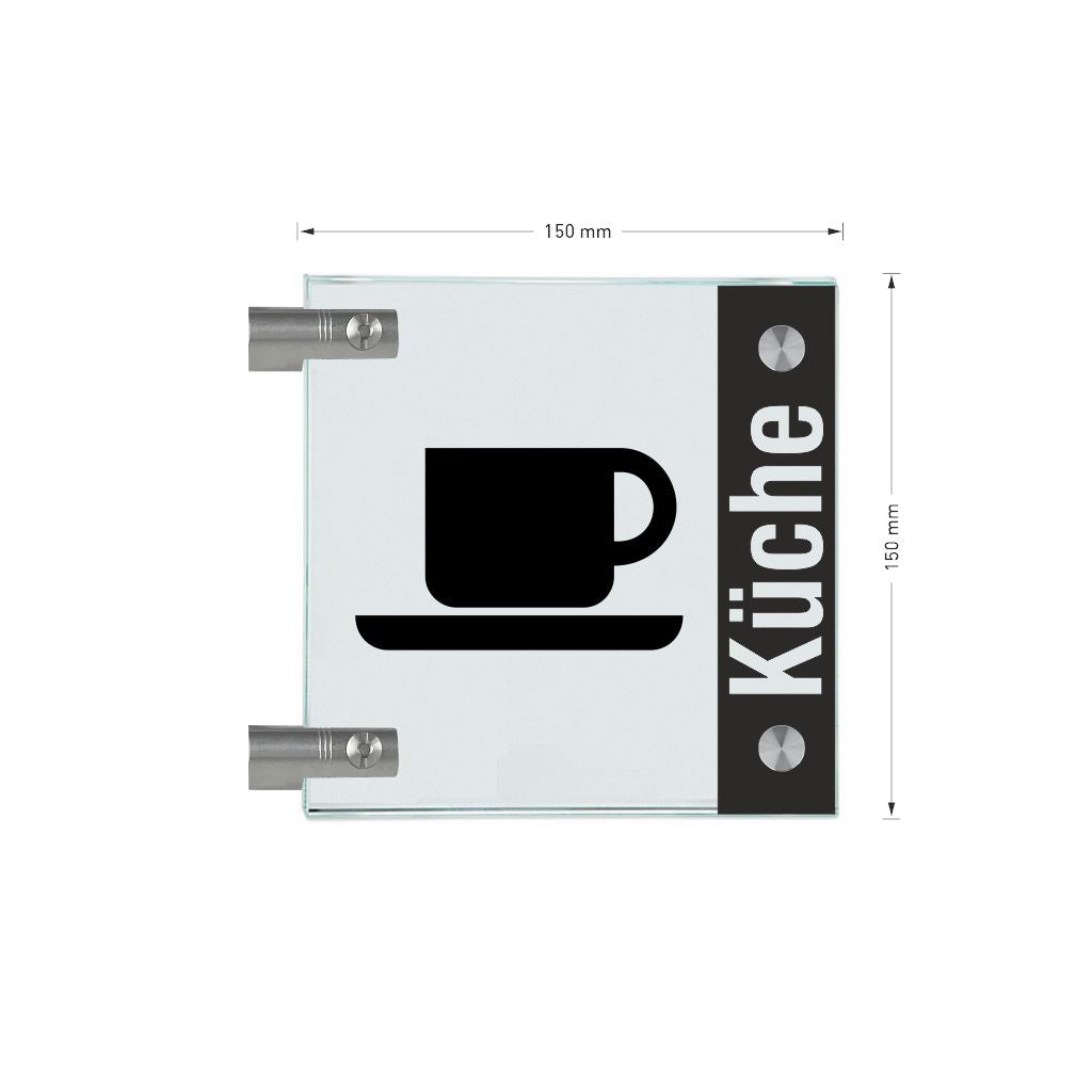 Fahnenschild Küche mit Balken, 2 Scheiben mit Glasverbinder 8
