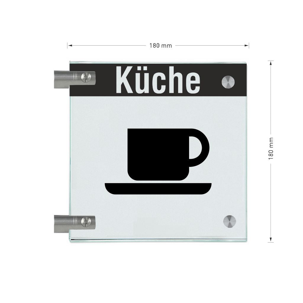 Fahnenschild Küche mit Balken, 2 Scheiben mit Glasverbinder 14
