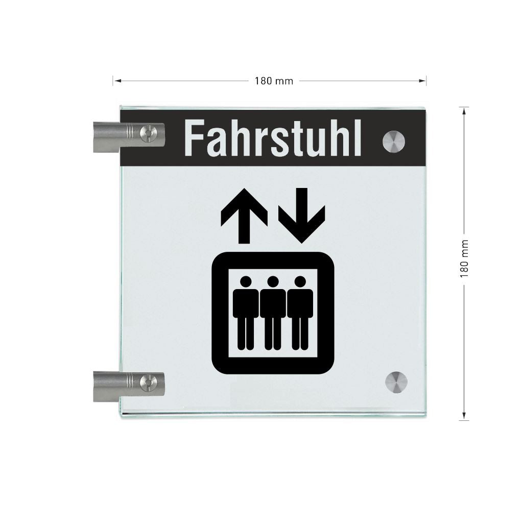 Fahnenschild Fahrstuhl mit Balken, 2 Scheiben mit Glasverbinder 14