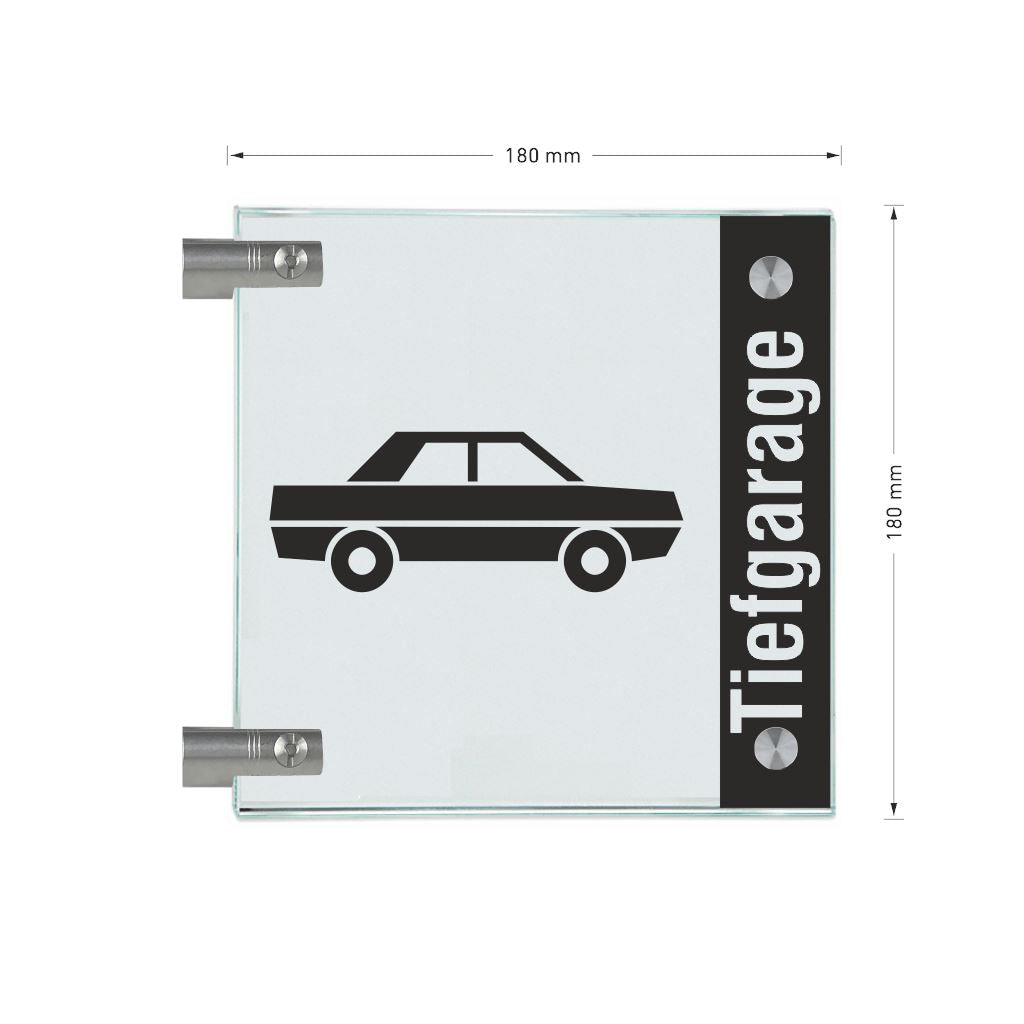 Fahnenschilder Tiefgarage mit Balken, 2 Scheiben mit Glasverbinder 136