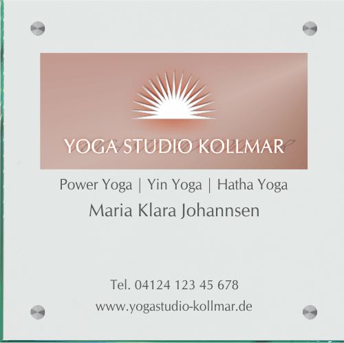 Firmenschild für Yogastudio / Fitnessstudio - Wir gestalten Ihr Schild! Firmenschilder Glas und Edelstahl online-tuerschilder.com 300x300mm