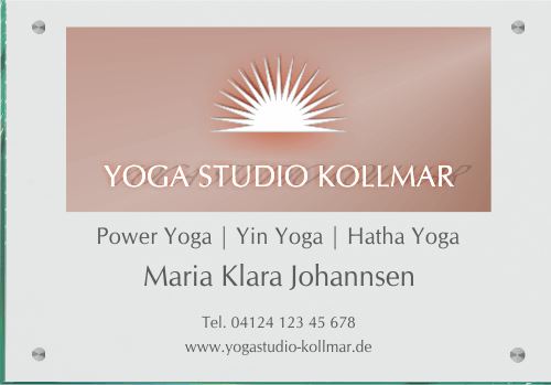 Firmenschild für Yogastudio / Fitnessstudio - Wir gestalten Ihr Schild! Firmenschilder Glas und Edelstahl online-tuerschilder.com 350x500mm