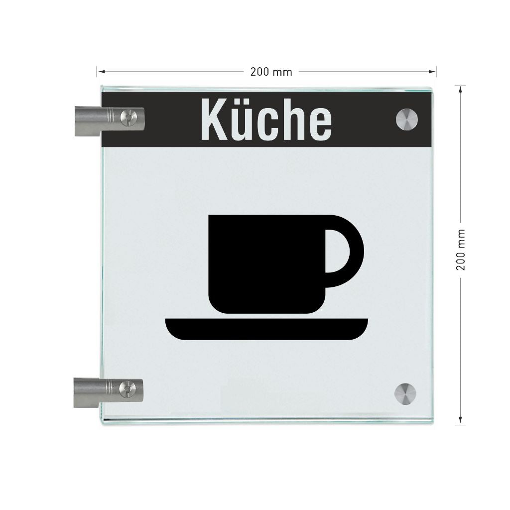 Fahnenschild Küche mit Balken, 2 Scheiben mit Glasverbinder 16