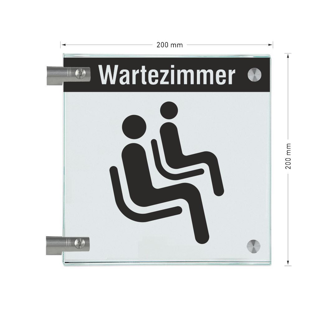 Fahnenschilder Wartezimmer mit Balken, 2 Scheiben mit Glasverbinder 16