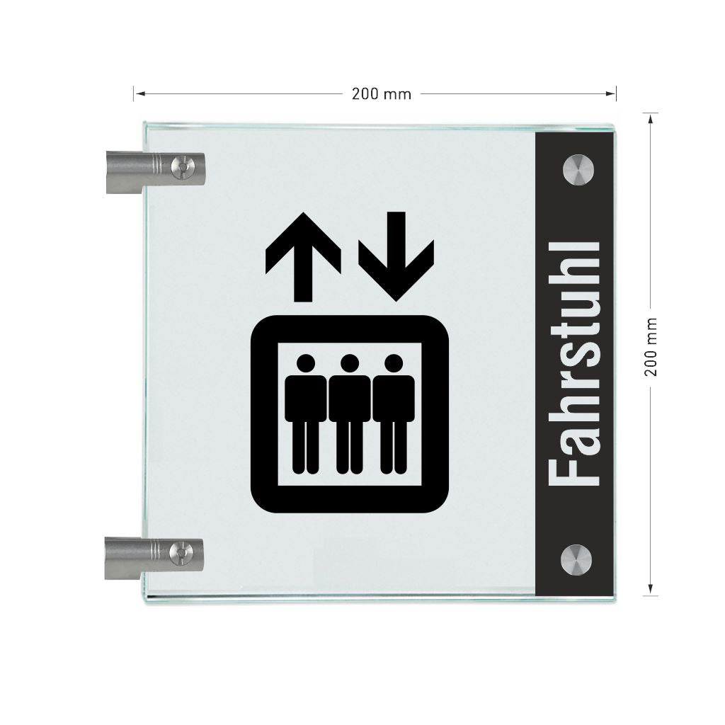Fahnenschild Fahrstuhl mit Balken, 2 Scheiben mit Glasverbinder 17