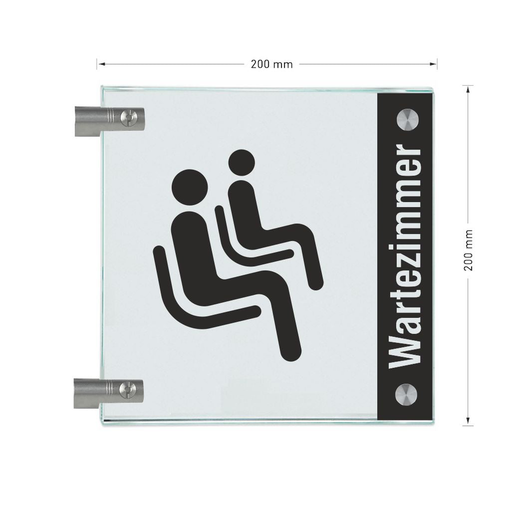 Fahnenschilder Wartezimmer mit Balken, 2 Scheiben mit Glasverbinder 17