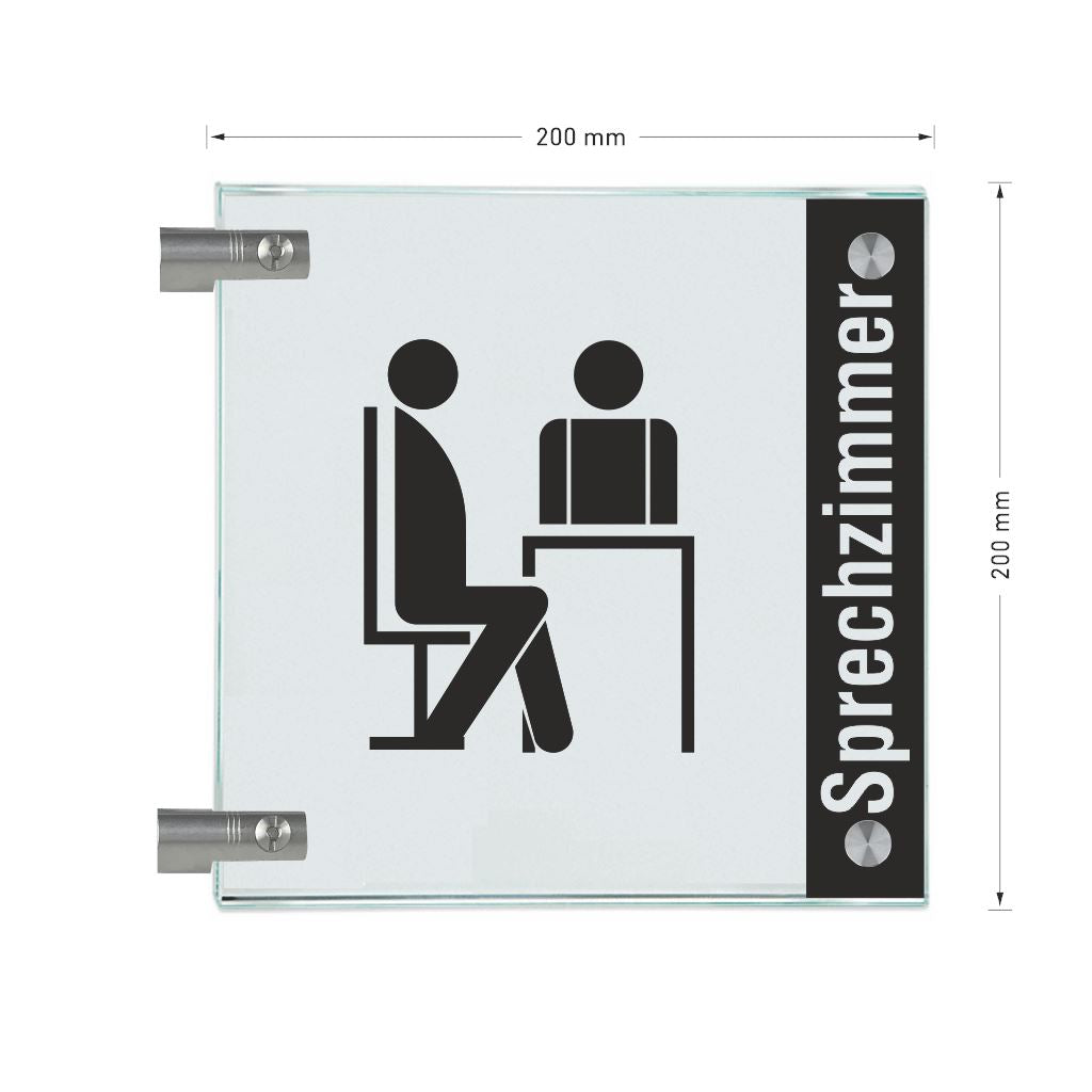 Fahnenschilder Sprechzimmer mit Balken, 2 Scheiben mit Glasverbinder 15