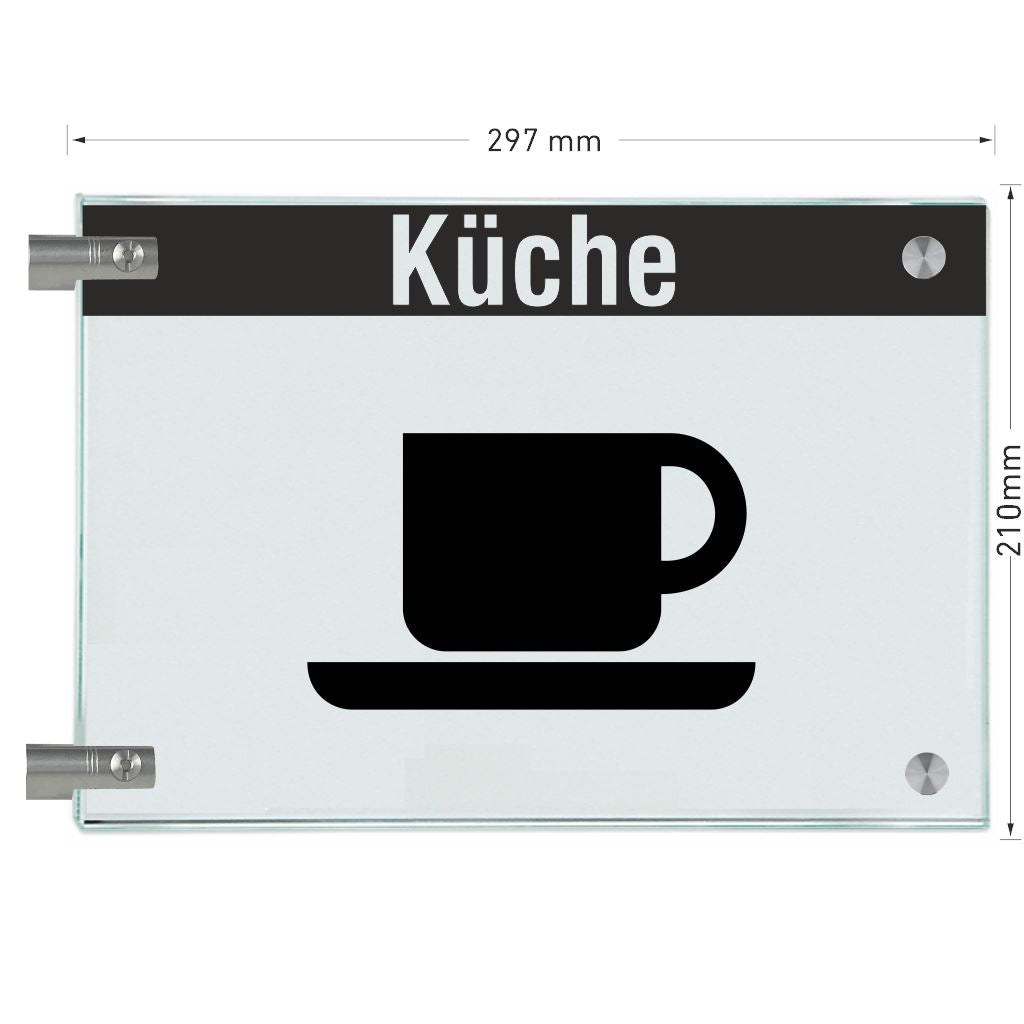 Fahnenschild Küche mit Balken, 2 Scheiben mit Glasverbinder 18