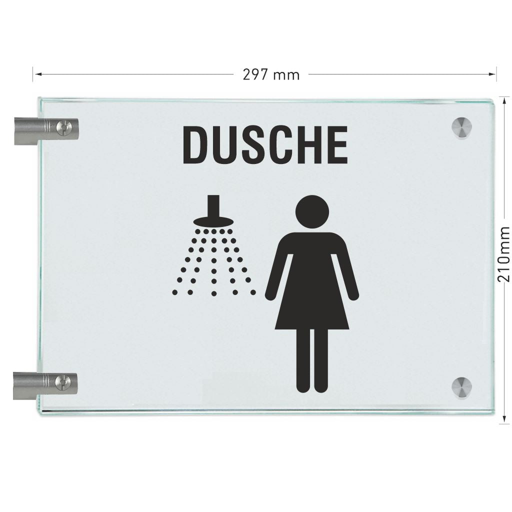 Fahnenschilder Piktogramm Dusche Damen und Text, 2 Scheiben mit 9
