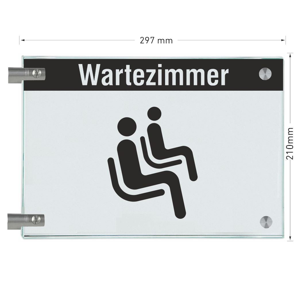 Fahnenschilder Wartezimmer mit Balken, 2 Scheiben mit Glasverbinder 18