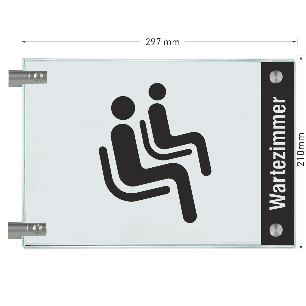Fahnenschilder Wartezimmer mit Balken, 2 Scheiben mit Glasverbinder 20