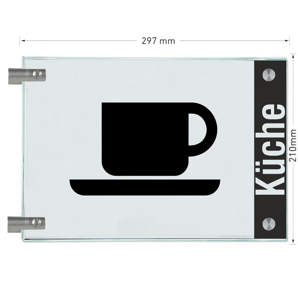 Fahnenschild Küche mit Balken, 2 Scheiben mit Glasverbinder 17