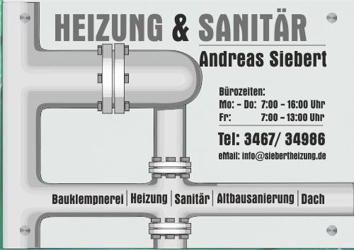 Firmenschild für Heizung & Sanitär - Wir gestalten Ihr Schild! Firmenschilder Glas und Edelstahl (A3)
