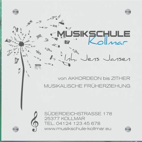 Firmenschild für eine Musikschule - Wir gestalten Ihr Schild! Firmenschilder Glas und Edelstahl online-tuerschilder.com 300x300mm