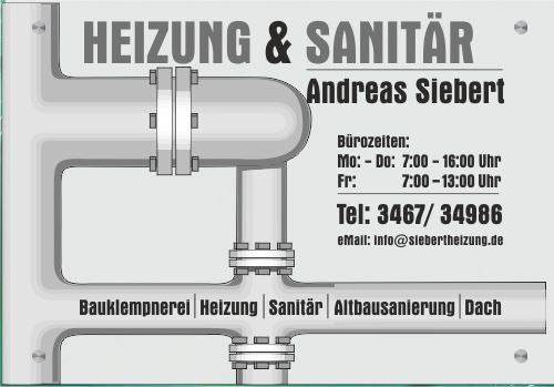 Firmenschild für Heizung & Sanitär - Wir gestalten Ihr Schild! Firmenschilder Glas und Edelstahl online-tuerschilder.com 350x500mm