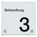 Türschild aus Glas Behandlung 3 mit 2 / 4 Haltern Praxisschild aus Glas 150x150mm 2 Halter