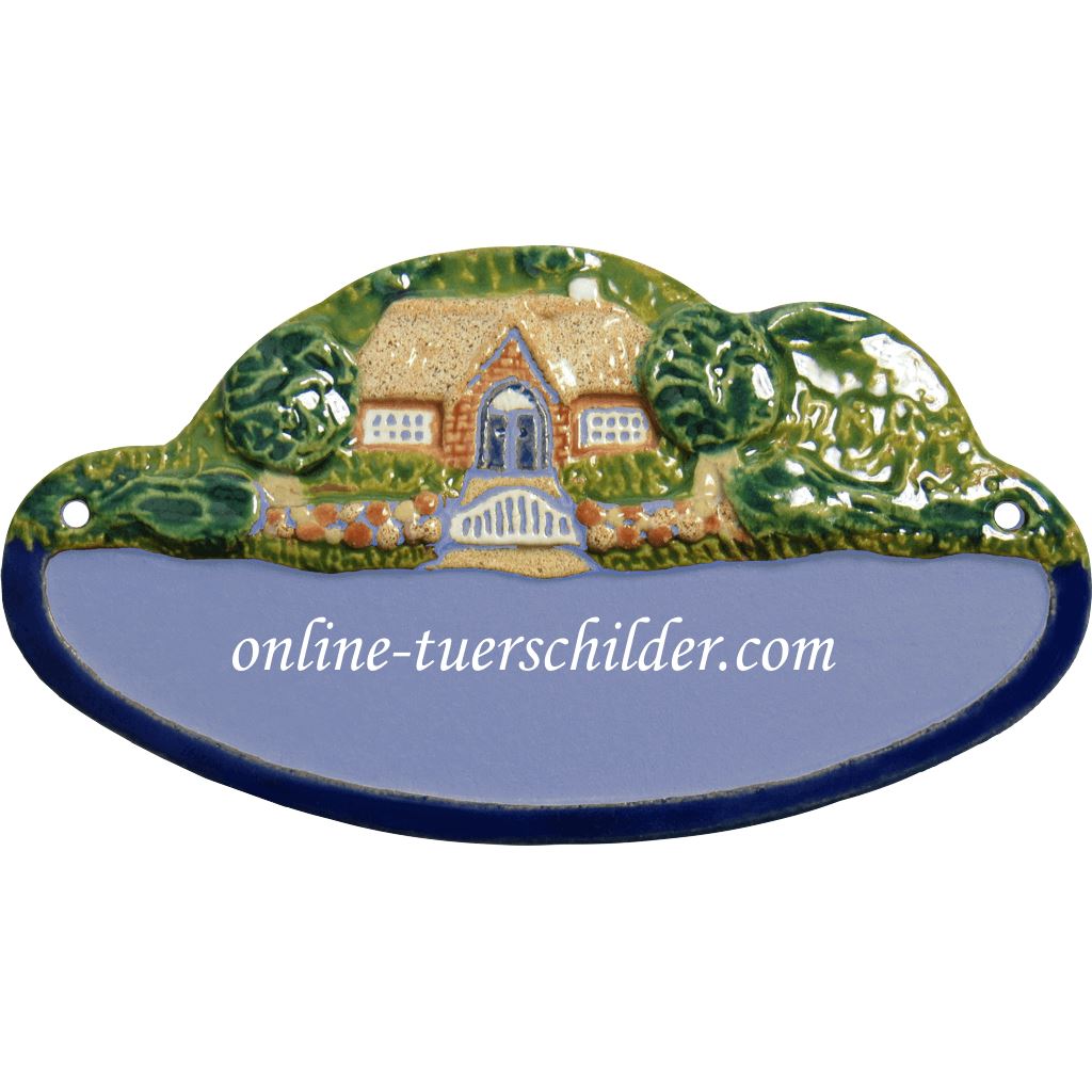Türschild aus Keramik Landhaus mit Bäumen personalisiert Türschild Hellblau
