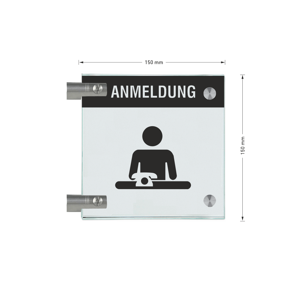 Winkelschild Anmeldung mit Balken, 2 Scheiben mit Glasverbinder
