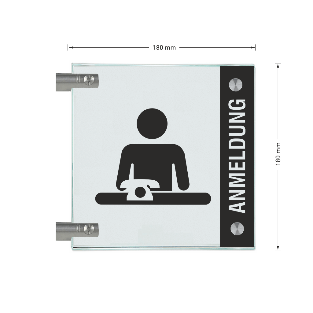 Winkelschild Anmeldung mit Balken, 2 Scheiben mit Glasverbinder