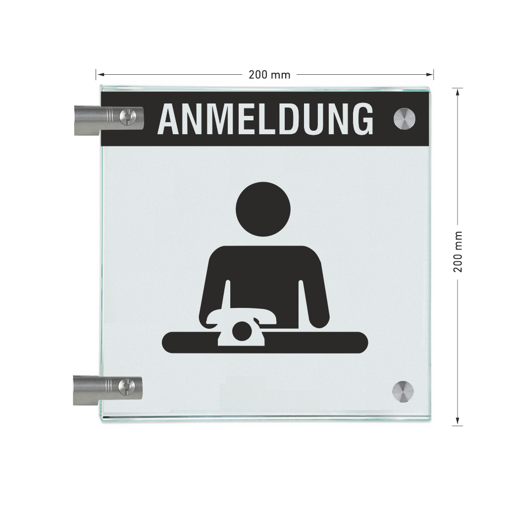 Winkelschild Anmeldung mit Balken, 2 Scheiben mit Glasverbinder